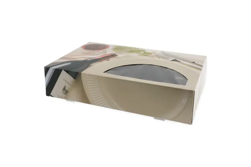 Cateringdozen, karton 35,7 x 24,7 x 8 cm wit met bedrukking Bordeaux