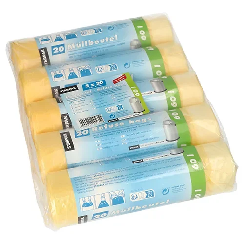Huisvuilzakken met trekkoord, HDPE 60 l 71 cm x 64 cm geel