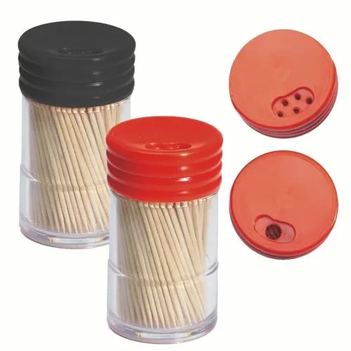 Tandenstokers, hout rond 6,5 cm in dispenserdoos, met draaisluiting