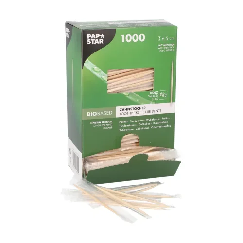 Tandenstoker, hout per stuk verpakt rond 6,5 cm met menthol