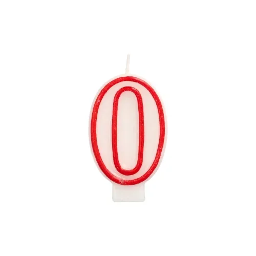 Verjaardagskaarsjes 7,3 cm wit “0” met rode rand