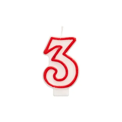 Verjaardagskaarsjes 7,3 cm wit “3” met rode rand