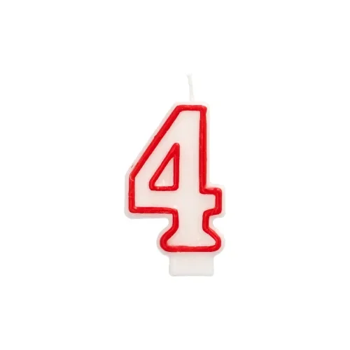 Verjaardagskaarsjes 7,3 cm wit “4” met rode rand