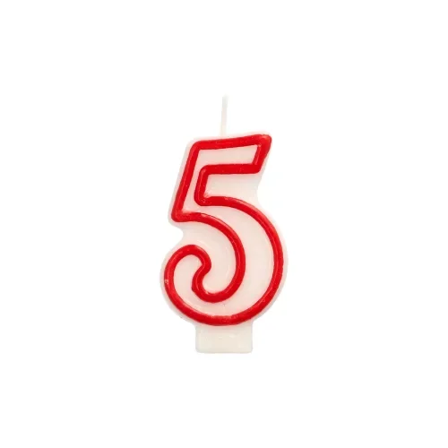 Verjaardagskaarsjes 7,3 cm wit “5” met rode rand