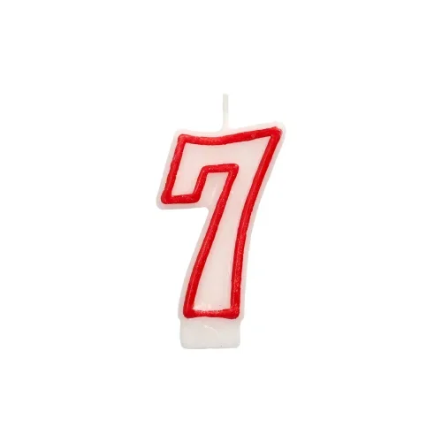 Verjaardagskaarsjes 7,3 cm wit “7” met rode rand