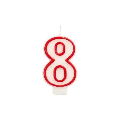 Verjaardagskaarsjes 7,3 cm wit “8” met rode rand