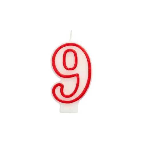 Verjaardagskaarsjes 7,3 cm wit “9” met rode rand