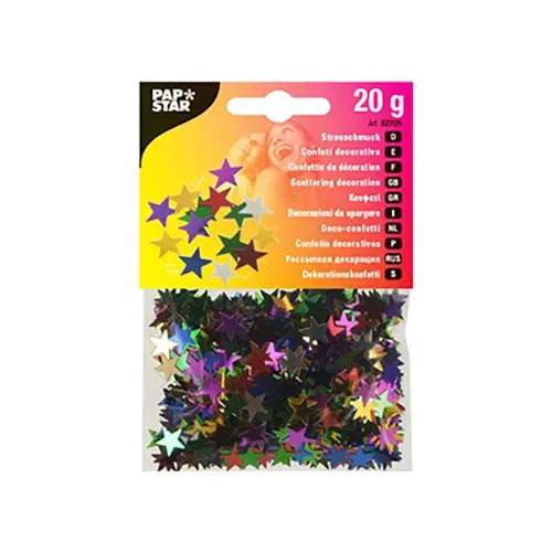 Strooidecoratie, folie Ø 1 cm assorti kleuren Stars 20 gr.