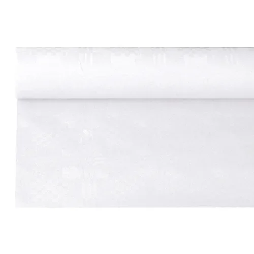 Tafelkleed papier met damastprint 6 m x 1,2 m wit