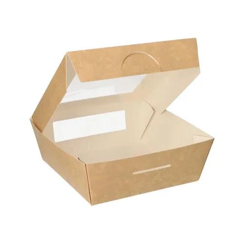 Verpakkingen voor delicatessen, carton met venster van PLA hoekig 750 ml 14 cm x 14 cm x 5 cm b