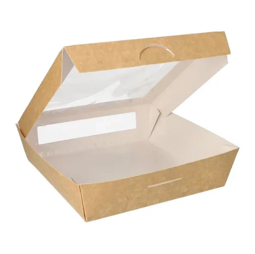 Verpakkingen voor delicatessen, carton met venster van PLA hoekig 1500 ml 19 cm x 19 cm x 5 cm