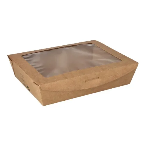 Verpakkingen voor delicatessen, carton met venster van PLA “pure” hoekig 1000 ml 4,5 cm x 18 cm