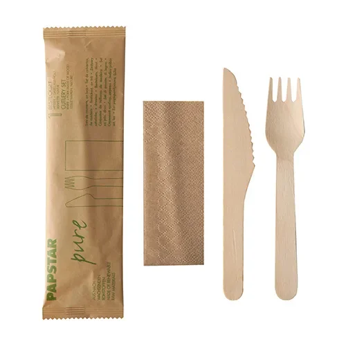 Bestekset, Hout “pure” : Mes, Vork, Servet in papieren sleeve