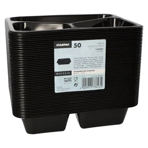 Magnetronschalen, PP 3-vaks 1095 ml 4,9 cm x 22,7 cm x 17,8 cm zwart