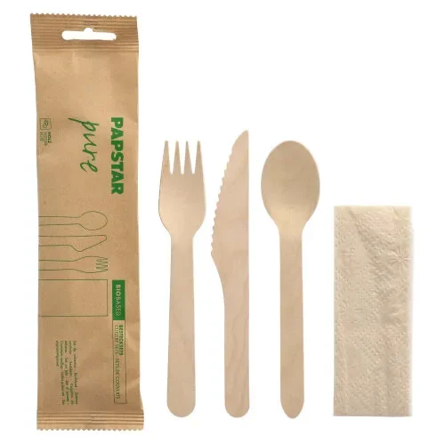 Bestekset, Hout “pure” : Mes, Vork, Lepel, Servet in papieren sleeve