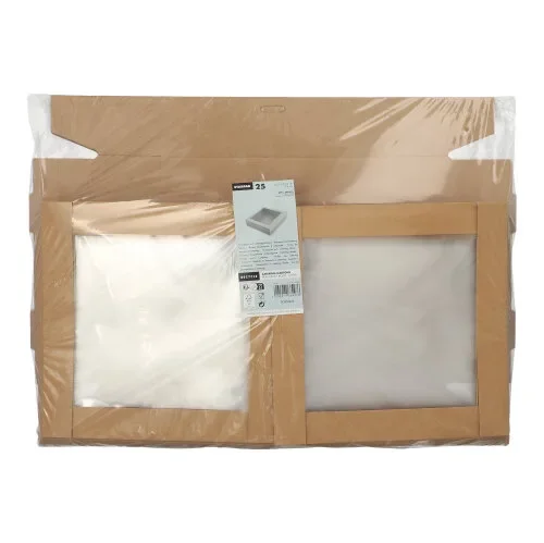 Catering dozen, karton hoekig 6 cm x 22,5 cm x 22,5 cm bruin met apart deksel en kijkvenster va