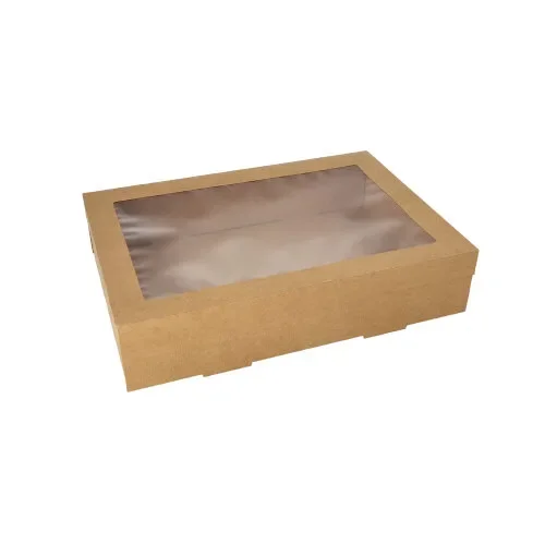 Catering dozen, karton hoekig 8 cm x 25,2 cm x 35,9 cm bruin met apart deksel en kijkvenster va