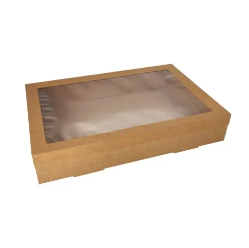 Catering dozen, karton hoekig 8 cm x 31 cm x 45 cm bruin met apart deksel en kijkvenster van PE