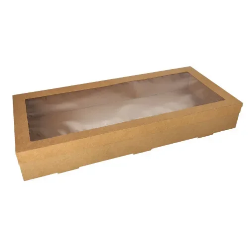 Catering dozen, karton hoekig 8 cm x 25,2 cm x 55,8 cm bruin met apart deksel en kijkvenster va