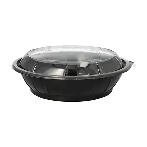 Saladeschalen, PET 1000 ml Ø 21,8 cm x 6 cm zwart “Snap It” met transparent R-PET deksels
