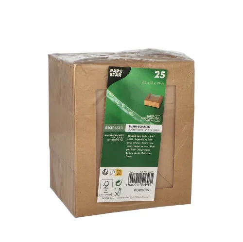 Sushi schalen Karton (BIO-gecoat) hoekig 4,5 cm x 12 cm x 10 cm bruin