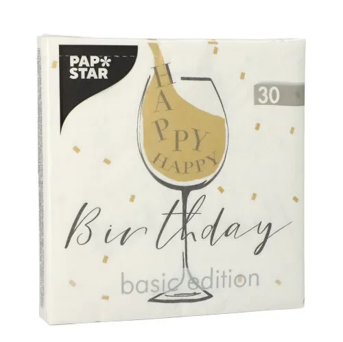 Servetten 3-laags 1/4 vouw 33 cm x 33 cm wit “Happy Birthday”