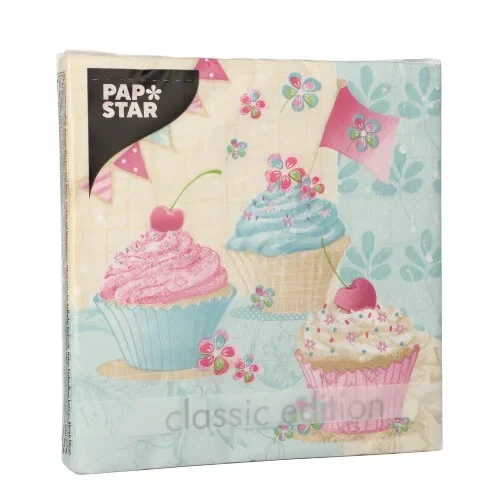 Servetten 3-laags 1/4 vouw 33 cm x 33 cm “Birthday Cup Cakes”