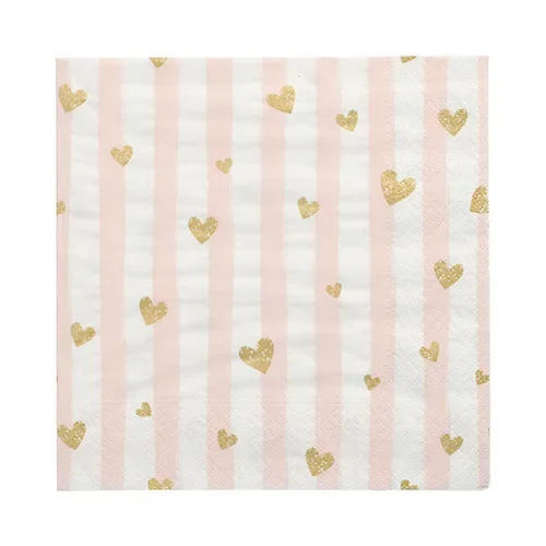 Servetten 3-laags 1/4 vouw 33 cm x 33 cm roze Golden Hearts