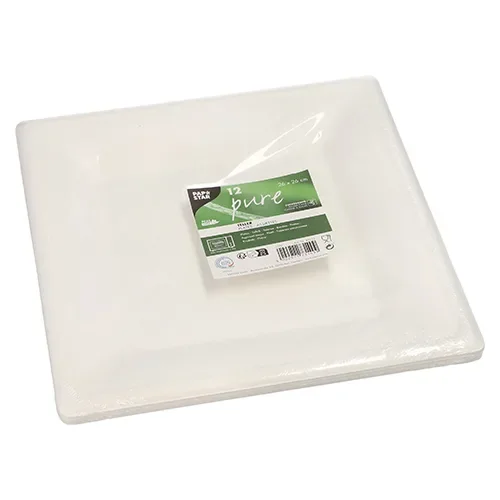 Borden van suikerriet “pure” hoekig 26 cm x 26 cm wit