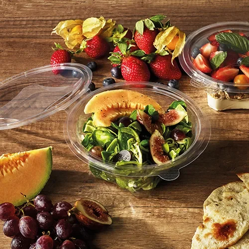 Saladeschalen met deksels, R-PET rond 500 ml Ø 15,5 cm x 6,8 cm glashelder