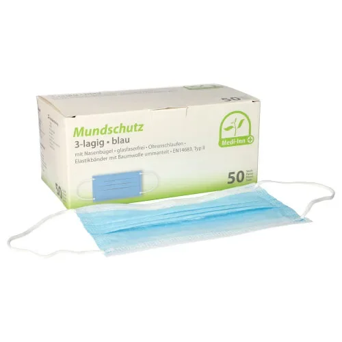 Medi-Inn mondmaskers type II 3-laags 9 cm x 17,5 cm blauw met neusbeugel