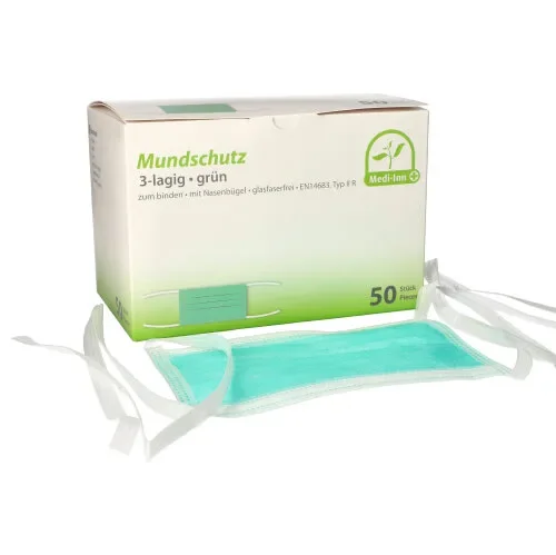 Medi-Inn mondmaskers type IIR 3-laags 9 cm x 17,5 cm groen met neusbeugel en strikbandjes