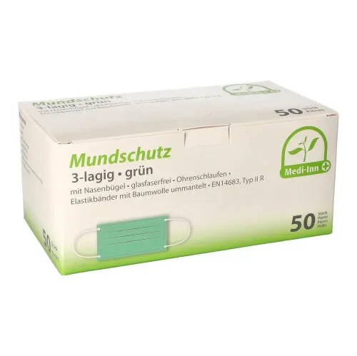Medi-Inn mondmaskers type IIR 3-laags 9 cm x 17,5 cm groen met neusbeugel en elastiek