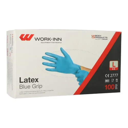 Work-inn Handschoenen Latex poedervrij blauw “Blue Grip” maat L