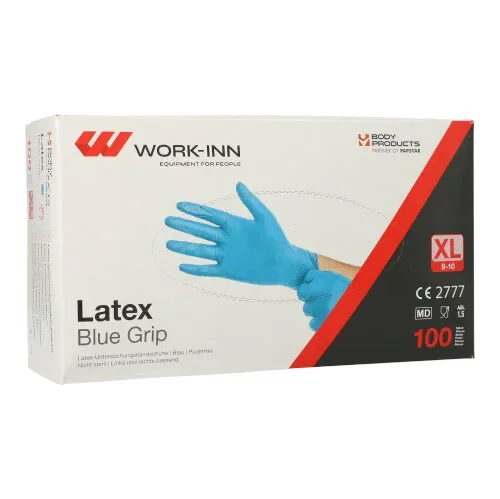 Work-inn Handschoenen Latex poedervrij blauw “Blue Grip” Maat maat XL