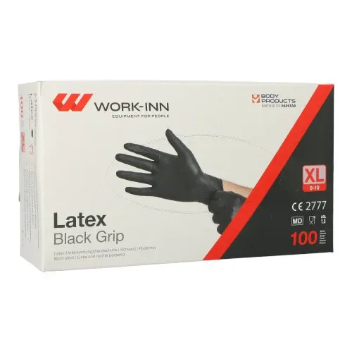 Work-inn/PS Handschoenen Latex poedervrij “Black Grip” zwart Maat maat XL