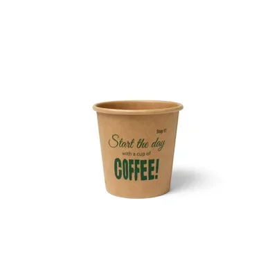 Koffiebekers 118 ml (4 oz), karton Ø 6,3 x 6,2 cm bruin met Silly Times opdruk “100% Fair”