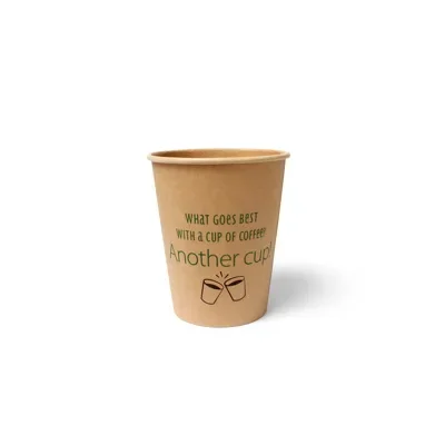 Koffiebekers 237 ml (8 oz), karton Ø 8 x 9,2 cm bruin met Silly Times opdruk “100% Fair”