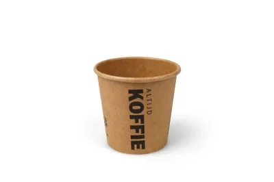Koffiebekers 118 ml (4 oz), karton Ø 6,3 x 6,2 cm bruin met bedrukking “Altijd Koffie”