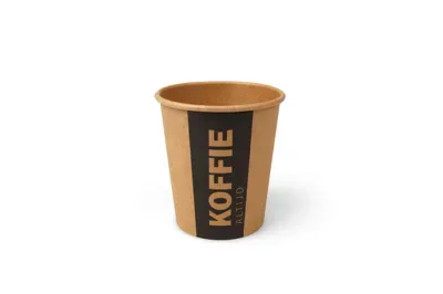 Koffiebekers 177 ml (6,5 oz), karton Ø 7,2 x 7,8 cm bruin met bedrukking “Altijd Koffie”