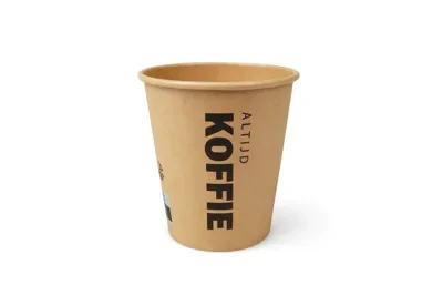 Koffiebekers 250 ml (10 oz), karton Ø 9 x 9,5 cm bruin met bedrukking “Altijd Koffie”